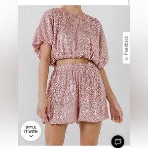 Express high-waisted pink sequin blouson shorts